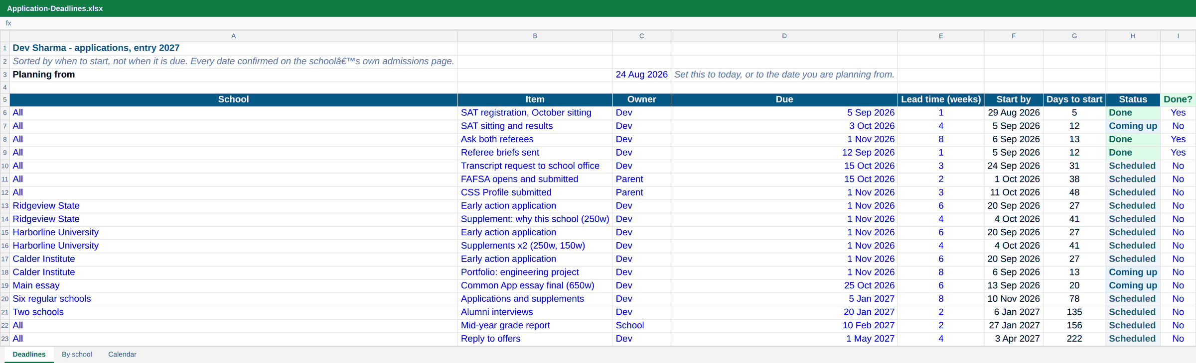 Deadline tracker in Excel: school, item, owner, due date, lead time, start-by date and a status column reading Done, Coming up or Scheduled