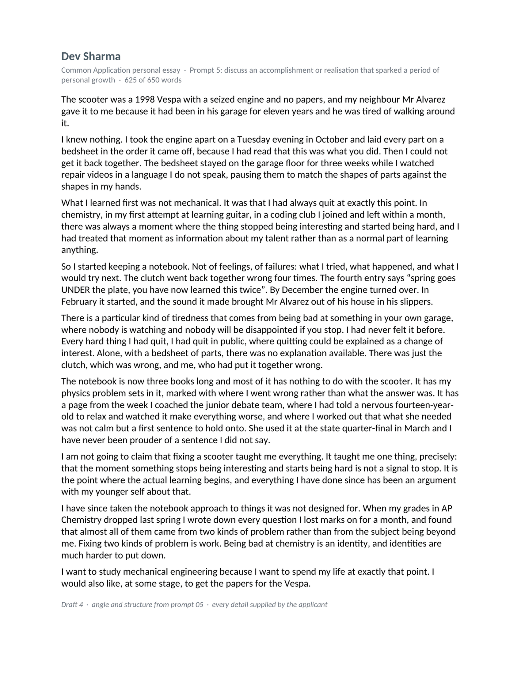 One-page personal essay in Word, opening on a scooter engine taken apart on a garage floor