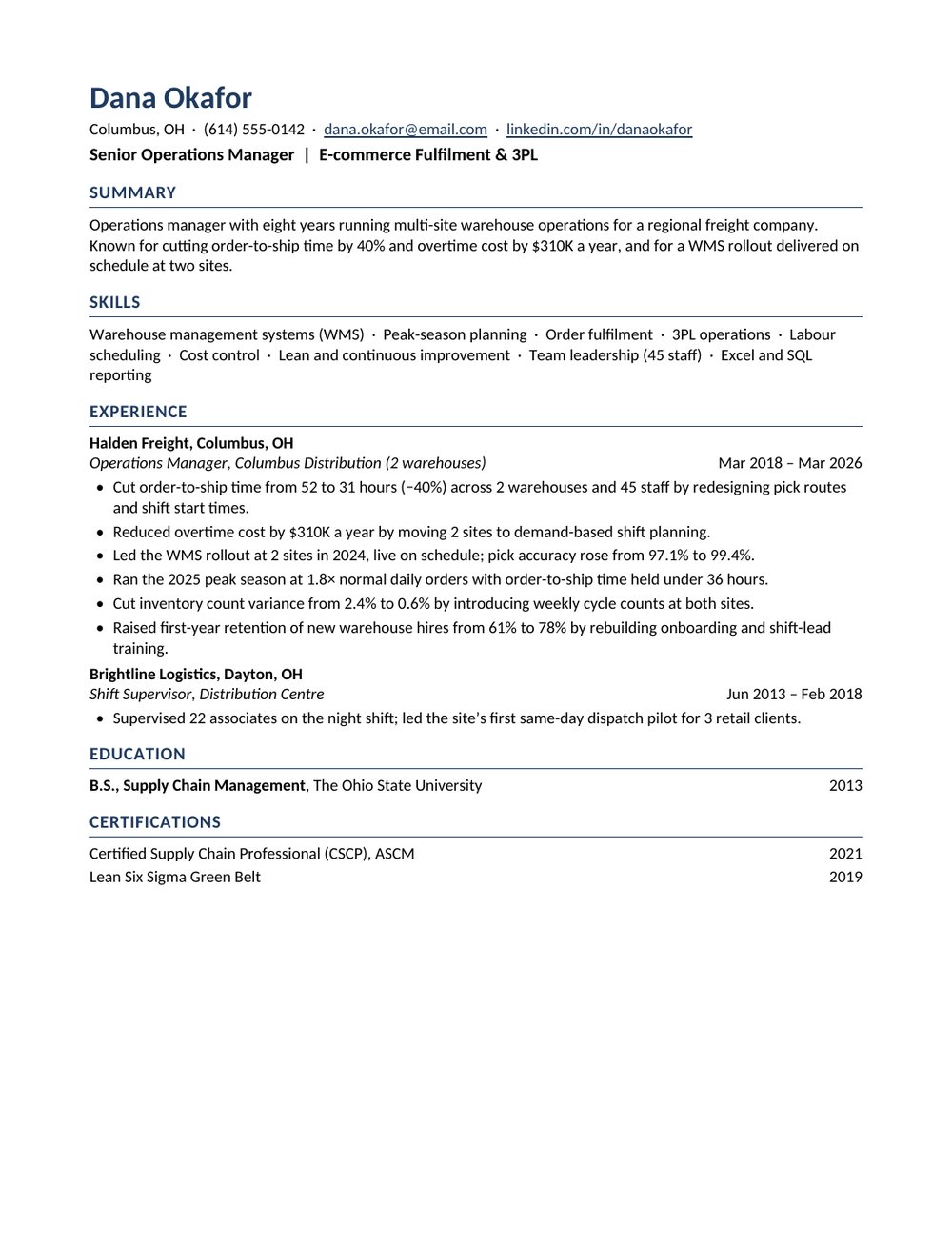 Dana Okafor’s résumé as a one-page Word document: one column, standard headings, dates right-aligned