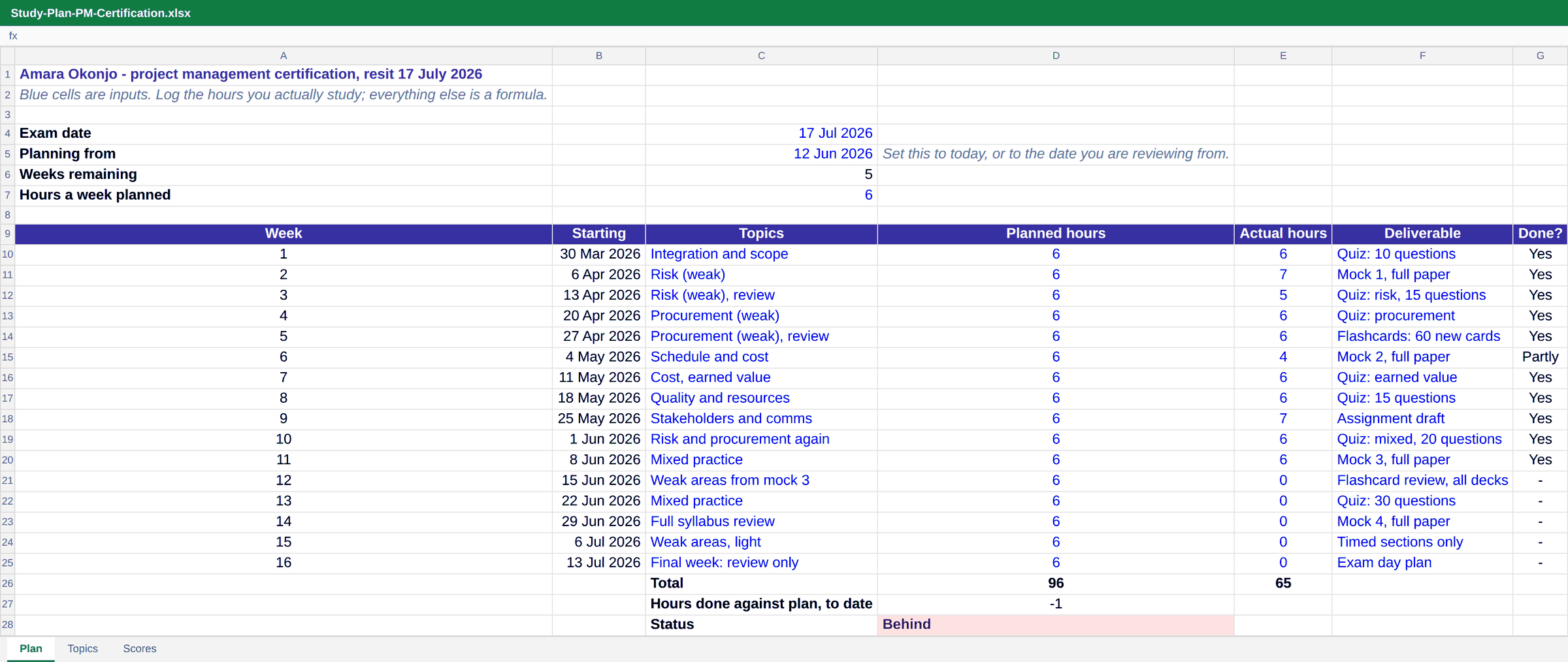 Study plan in Excel: sixteen weeks with topics, planned and actual hours, a deliverable each week and an on-track status