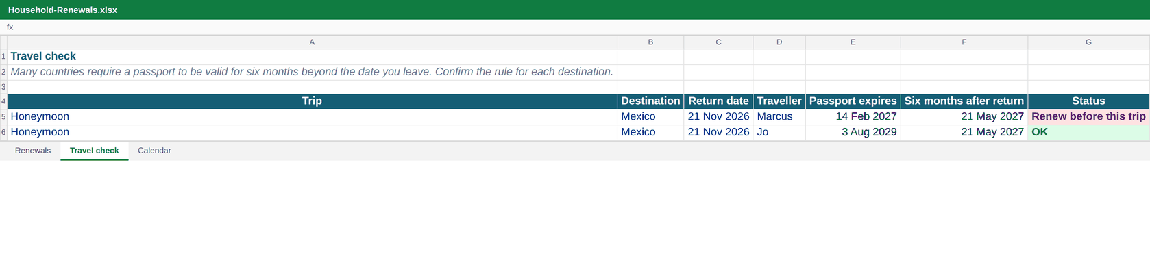Travel check sheet flagging a passport that expires within six months of the honeymoon return date