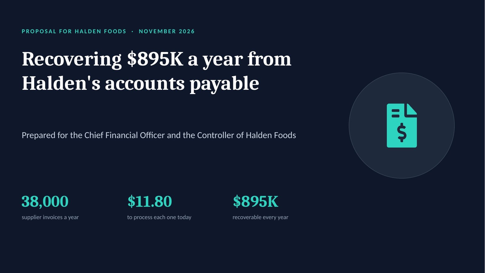 Paytrellis for Halden Foods, slide 1: Cover: recovering $895K a year