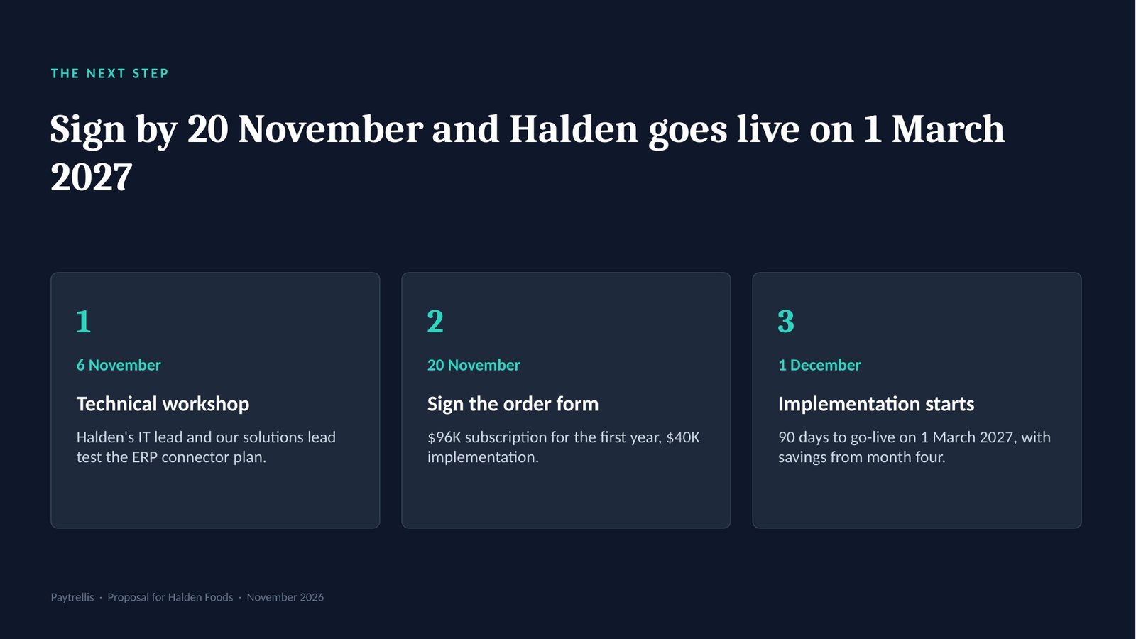 Paytrellis for Halden Foods, slide 9: The next step, with dates