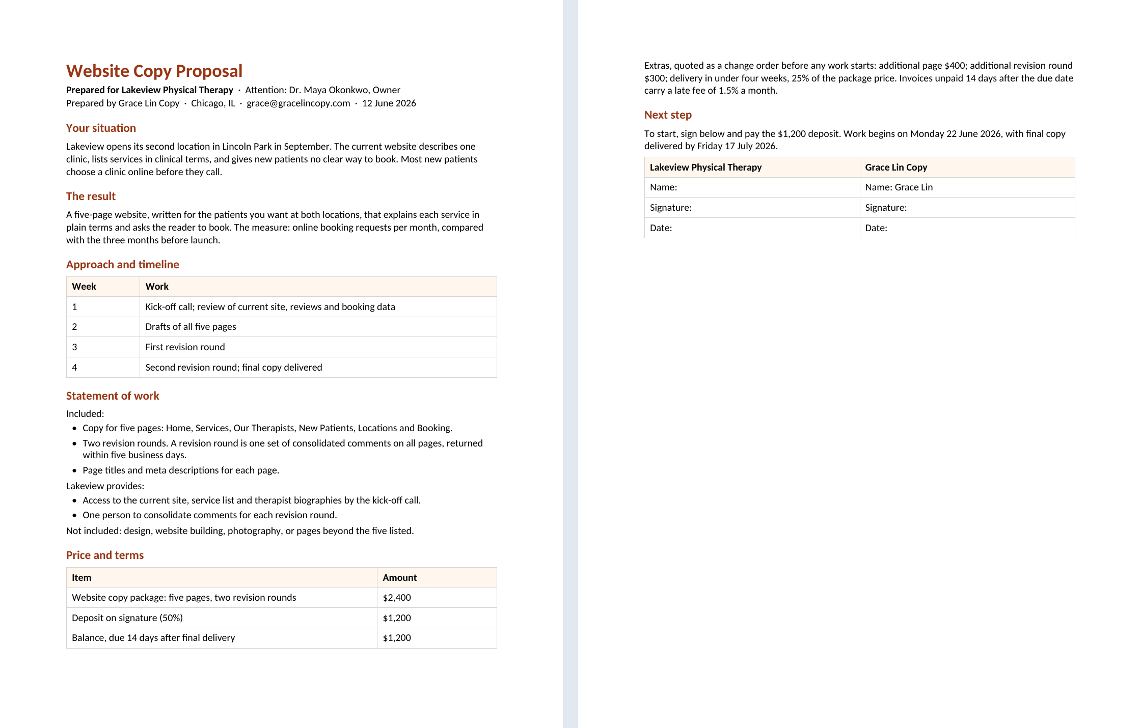 Two-page Word proposal for Lakeview Physical Therapy with situation, result, timeline, statement of work, price and terms, and signature block