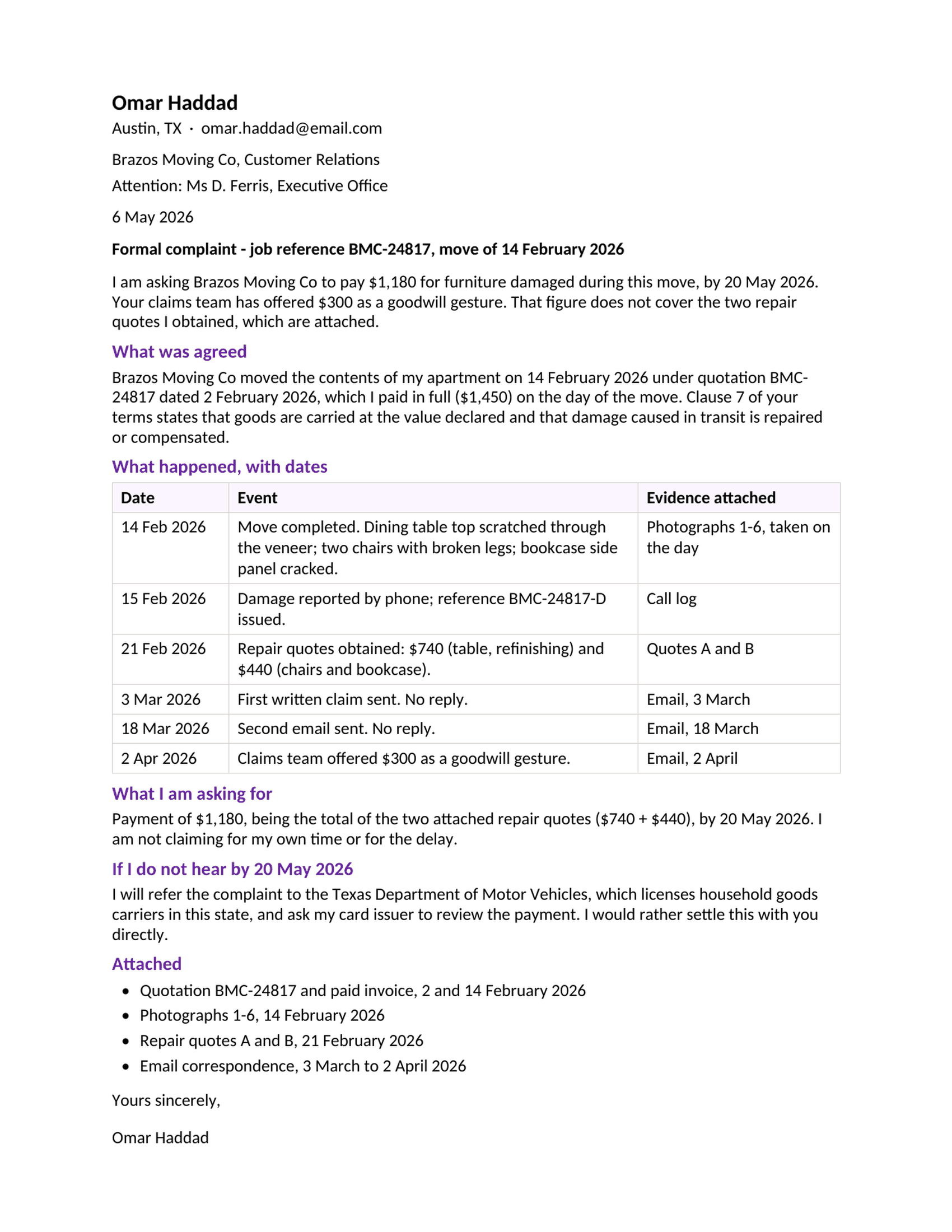 One-page formal complaint letter with the request and deadline first, a dated timeline table, the claim calculation and the list of documents attached